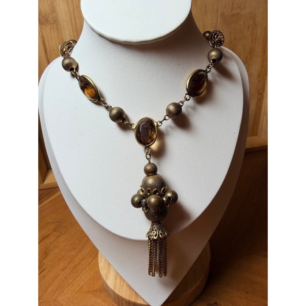Vintage Brass Filigree Necklace with Amber Glass Cabochons and Tassel